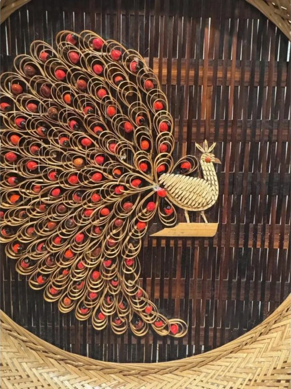 Vintage Bamboo Peacock Wall Decor, Handwoven Woven Basket Tray, Bird Wall Hangin